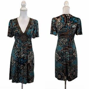Vintage Y2K Babydoll MUSA Medium V Neck Short Sleeve Print Neckline Dress